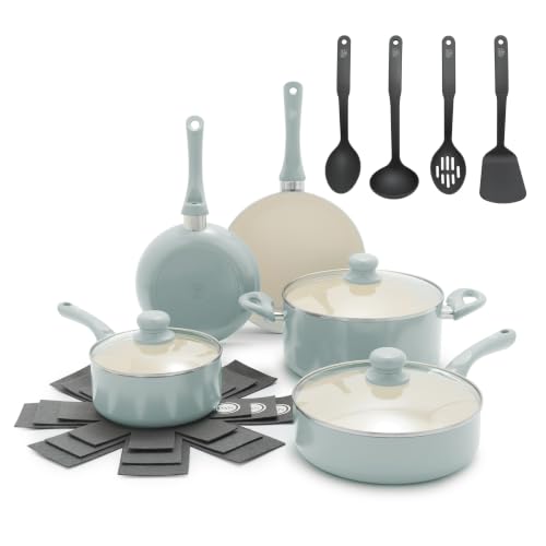 16pc Ceramic Nonstick Pots & Pans Cookware Set (16 Piece Cookware Set / Bloom / Turquoise)