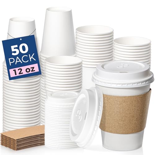 50 Pack 12 oz Disposable Coffee Cups with Lids (12 oz / Classic)