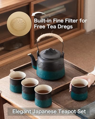 Ceramic Teapot with Infuser (Black/Green / 33.8oz Teapot&4 of 8oz Cups)