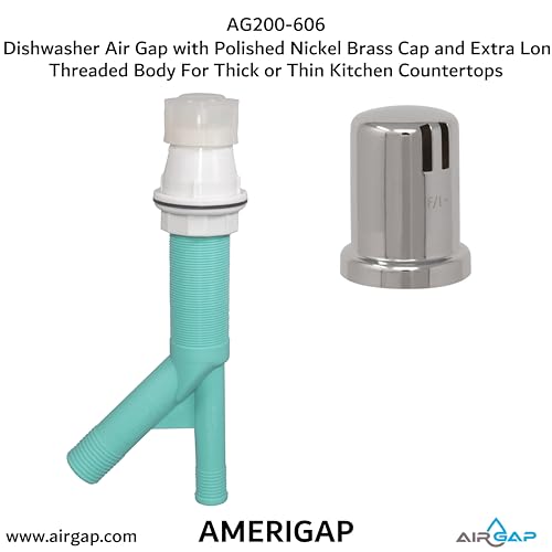 Dishwasher Air Gap with Skirted Polished Nickel Brass Cap and Extra Long Threaded Body for Thick or Thin Kitchen Countertops (AG200-606)