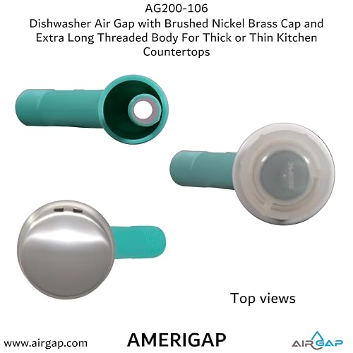 Dishwasher Air Gap with Skirted Brushed Nickel Brass Cap and Extra Long Threaded Body for Thick or Thin Kitchen Countertops (AG200-106)