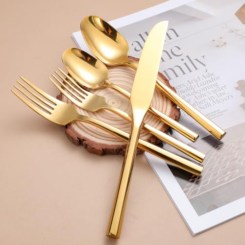 Mirror Silverware Set Gold Flatware Set with Hexagon Handle 20 Pieces 18 (Gold Mirror)