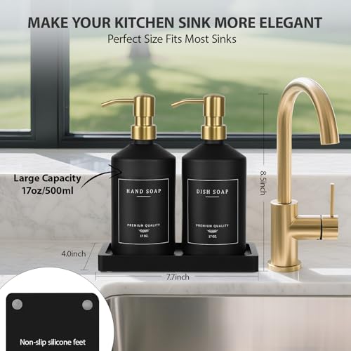 Black Glass Kitchen Hand and Dish Soap Dispenser Set (Black Bottle + Gold Pump)