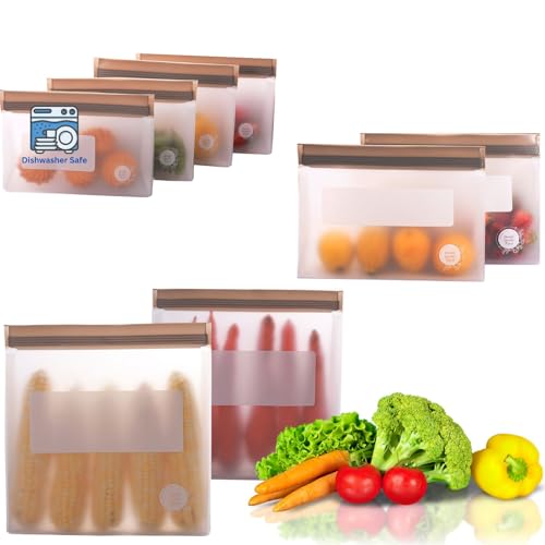 Reusable Food Storage Bags 8 (8 Pack of 2 Gallon, 2 Large, 4 Medium Bags (Grey))