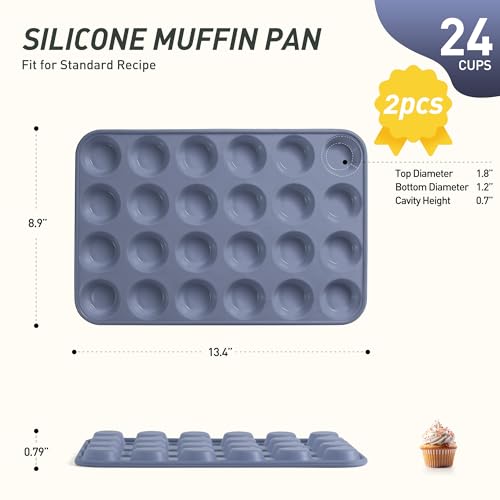 2 Pack 24 Cups Silicone Mini Muffin Pan with Metal Reinforced Frame Silicone Molds Cupcake Pans Tray Egg Bites Circle Cookie Molds Muffin Tin Tart Pans Baking Sheet Set for Breakfast Sandwiches (2pc: 24-Cup Mini / Morandi Pink and Morandi Blue)