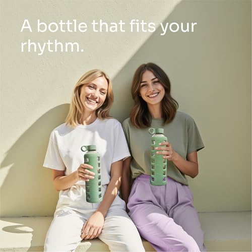 40oz / 32oz / 22oz / 12oz Borosilicate Glass Water Bottle with Time & Volume Markers, Silicone Sleeve, Stainless Steel Lid | Reusable Glass Bottle for Water & Juice (32oz Shale Green) (Shale Green (1 Count) / 32 Ounces)