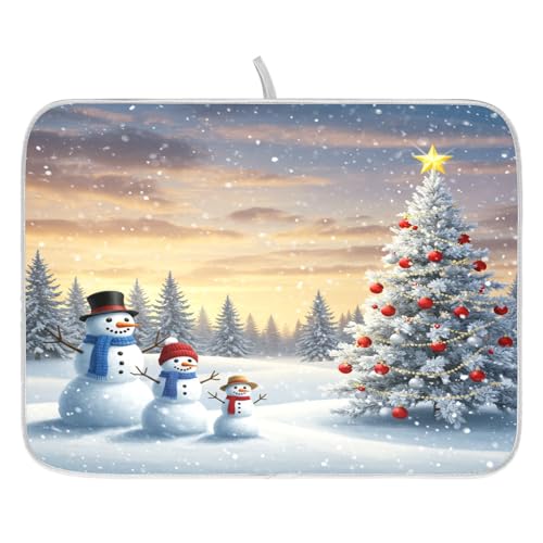 Christmas Tree and Snowman Dish Drying Mat for Kitchen Counter Absorbent Microfiber Large Winter Snowflakes Drying Pad Dish Mats for Kitchen Countertops 18 x 24 Inch (24" x 18")