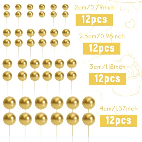 48 Pcs Gold Balls Cake Topper Decorations Balloon Cupcake Toppers Foam Cake Topper Balls Cake Balls Decorations for Birthday Party Wedding Anniversary Cake Decorating (48 Count)