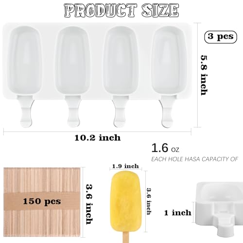 3 Pack Large Silicone Popsicle Molds with 150 Pcs Wooden Sticks (3 Pcs Large - White (150 Sticks))