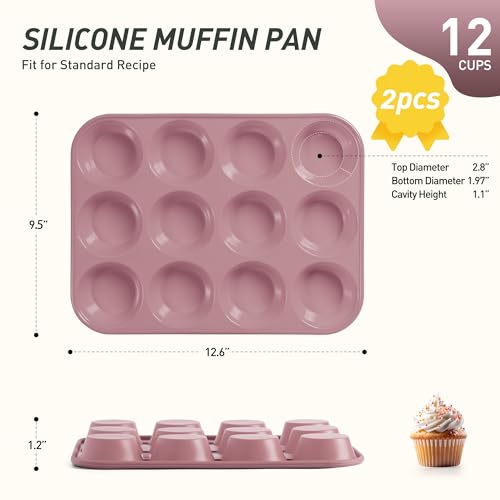 2 Pack 12 Cups Muffin Pan with Metal Reinforced Frame Regular Size Silicone Molds Cupcake Cake Baking Pans Cookie Baking Chocoflan Cupcake Mold Silicone Egg Bite Molds Baking Items Stuff (2pc: 12-Cup Regular / Morandi Pink)