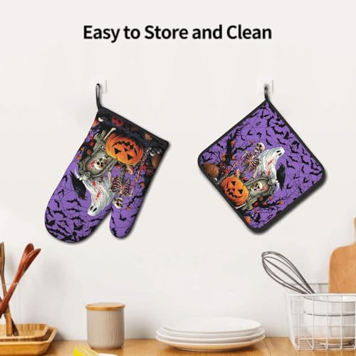 Halloween Pumpkin Oven Mitts and Pot Holder Set of 2 Spooky Ghost Bat Heat Resistant Kitchen Gloves Hot Pad for Baking Cooking Grilling BBQ (Halloween Purple)