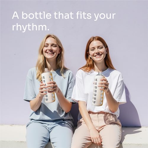 40oz / 32oz / 22oz / 12oz Borosilicate Glass Water Bottle with Time & Volume Markers, Silicone Sleeve, Stainless Steel Lid | Reusable Glass Bottle for Water & Juice (32oz Pearled Ivory) (Pearled Ivory (1 Count) / 32 Ounces)