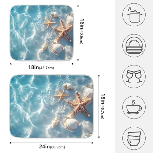 Starfish and Seashell on The Summer Beach Dish Drying Mat for Kitchen Counter Absorbent Microfiber Small Drying Pad Dish Mats for Kitchen Countertops 16 x 18 Inch (18" x 16")