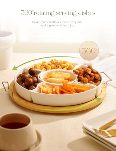 Ceramic Divided Serving Dishes with 360°Rotatable Bamboo Tray and Handles