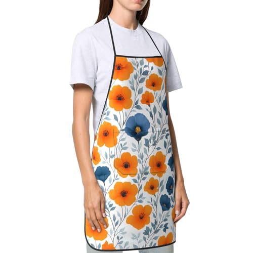 Burnt Orange and Blue Floral Waterproof Kitchen Aprons Polyester Chef Bib Apron with Pockets for Women Men