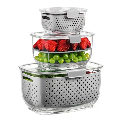 Fresh Produce Vegetable Fruit Storage Containers 3Piece Set (Grey Clear)