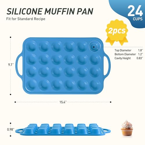 2 Packs 24 Cups Silicone Muffin Pan with Metal Reinforced Frame Mini Size Cupcake Pan Tray Egg Bites Cookie Molds Muffin Tin Tart Pans chocoflan mold Baking Sheet Set Breakfast Sandwiches (2pc: 24-Cup Mini / Blue)
