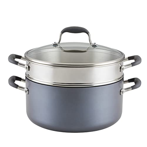 Advanced Home Hard Anodized Nonstick Wide Stockpot with Stainless Steel Steamer Insert and Glass Lid (8.5 Quarts / Moonstone)
