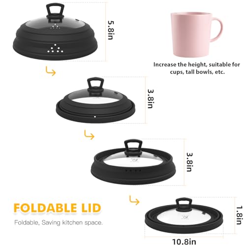 Tall Microwave Splatter Cover Glass Cover Guard Lid 7 inch Height with Collapsible Silicone for Food Pot Plate 10.8 inch Black (10.8 inch / Black (Taller style))