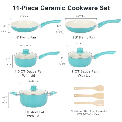 Pots and Pans Set Non Stick (Turquoise / 11 Piece)