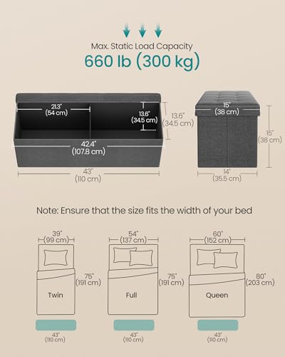 43.3 Inches Folding Storage Ottoman Bench (Dark Gray / 15"D x 43"W x 15"H (without Flipping Lid))