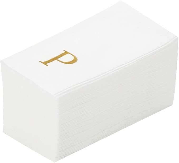 Luxenap 15.8 X 7.9 Inch Linen-Feel Guest Towels, 2000 Lettered Hand Towels - Gold Letter 'P', Sans Serif Font, White Paper Dinner Napkins, airlaid, For Restrooms And Tables