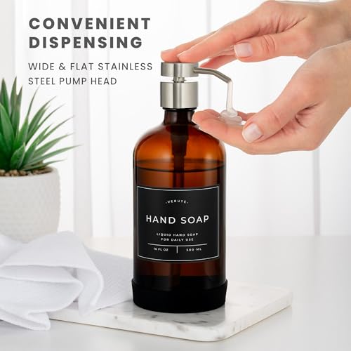 Hand and Dish Soap Dispenser for Kitchen and Bathroom (Amber Bottle / Brushed Silver Pump)