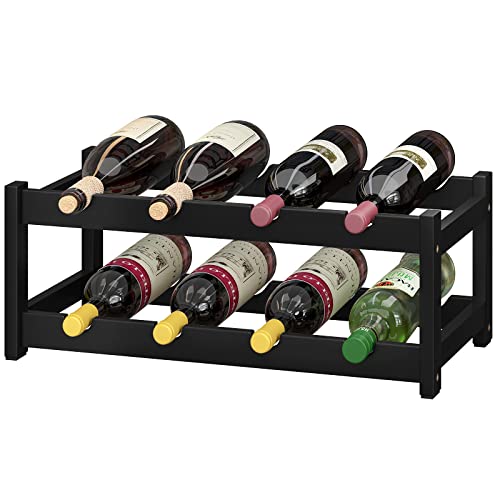 Wine Rack Freestanding 8 Bottle 2 Tier Bamboo Wine Racks Countertop Cabinet Wine Holder Wine Storage Shelf for Kitchen (2-tier-Black)