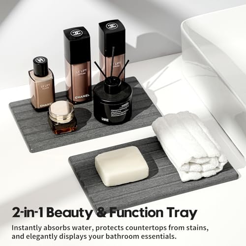 2PCS Water Absorbing Stone Drying Tray Mat for Bathroom Sink & Kitchen Counter Organizer (2 Pack - Charcoal Gray / 10"x 6")
