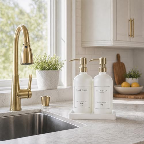 Thick Glass Soap Dispenser (White Bottle/Gold Pump + Tray + Funnel)