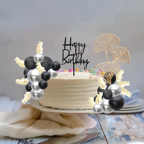 57Pcs Balls Cake Topper Boho Grass Cake topper Pearl Balls Acrylic Happy Birthday Cake Decorations for Wedding Baby Shower Birthday Boho Themed Party Supplies Black Silver (Black Silver)