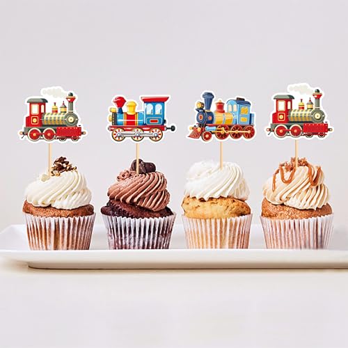 24Pcs Transportation Trains Cupcake Toppers Cartoon Vintage Locomotiv Cupcake Picks for Retro Train Boys Girls Funny Birthday Party Baby Shower Cupcake Decorations Train Transportation Party Decors (Red)
