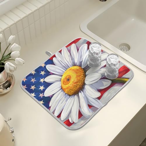 Daisy Flowers and American Flag Dish Drying Mat for Kitchen Counter Absorbent Microfiber Large Drying Pad Dish Mats for Kitchen Countertops 18 x 24 Inch (24" x 18")