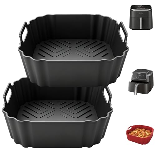 8.5 Inch Square Silicone Air Fryer Liners for Ninja AF141 AF181 (2PCS Black / 5-6.5QT)