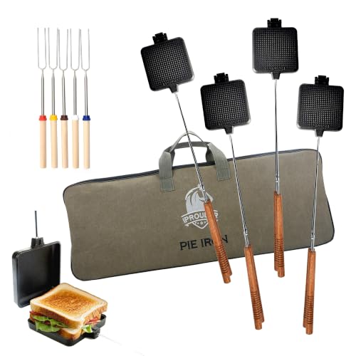 Campfire Pie Iron 4.9" Large Cast Iron Sandwich Maker for Camping (Classic Handle 4 Pcs)