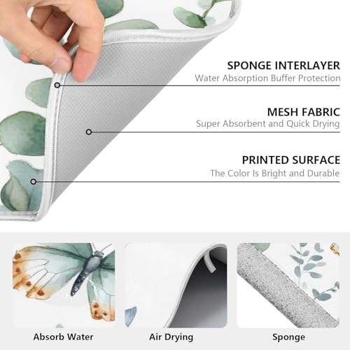Spring Eucalyptus Green Leaf Dish Drying Mat for Kitchen Counter Absorbent Microfiber Small Drying Pad Dish mats for Kitchen Countertops 16 x 18 Inch (Green Leaf / 18" x 16")