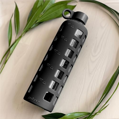 40oz / 32oz / 22oz / 12oz Borosilicate Glass Water Bottle with Time & Volume Markers, Silicone Sleeve, Stainless Steel Lid | Reusable Glass Bottle for Water & Juice (32oz Jet Black) (Jet Black (1 Count) / 32 Ounces)