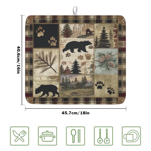 Black Bear Dish Drying Mat Forest Cabin Decorative Dishes Pad 16x18 Inch Absorbent Fast Dry Dish Drainer Rack Mats for Kitchen Counter Sink (Black Bear / 16" x 16")