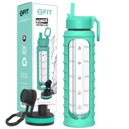 32 oz Glass Water Bottle with Time Marker (Ribbed Seafoam Sleeve)