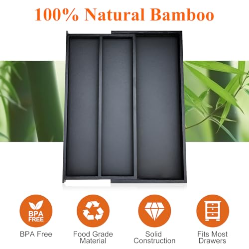 Expandable Black Bamboo Kitchen Utensils Drawer Organizer Silverware Tray ((8"-12.6")x 15.7" / Black)
