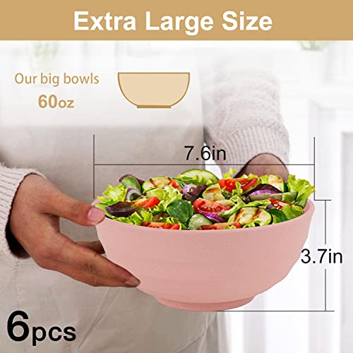 Wheat Straw Bowls Set 60 OZ Unbreakable Large Cereal Bowls Set of 6 Microwave and Dishwasher Safe Bowls Big Bowls for Dorm and Apartment BPA Free Soup Bowl for Serving Oatmeal and Salad Etc… (60 oz / Pink,Blue,Green,Beige,Purple,Grey)
