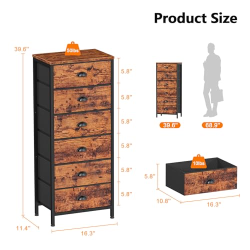 Dresser for Bedroom (Rustic Brown / 11.5"D x 16"W x 39.6"H (6 Drawers))