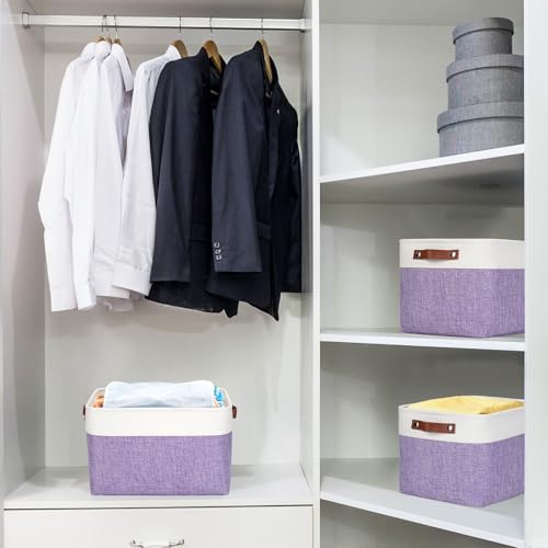Storage Bins Large Fabric Storage Baskets for Shelves 3 Pack (Purple / Off-White / Large -15"x11"x9.5")
