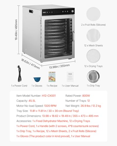 Food Dehydrator Machine (12-Trays/800W/Rotary)