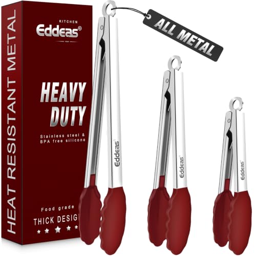 Tongs For Cooking (7+9+12 inch / Red Silicone Tip 3Pcs)
