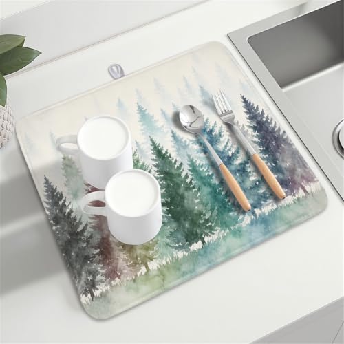Pine Tree Dish Drying Mat Natural Forest Fog Microfiber Dishes Pad 16x18 Inch Absorbent Fast Dry Dish Drainer Rack Mats for Kitchen Counter (Pine / 16x18 inch)
