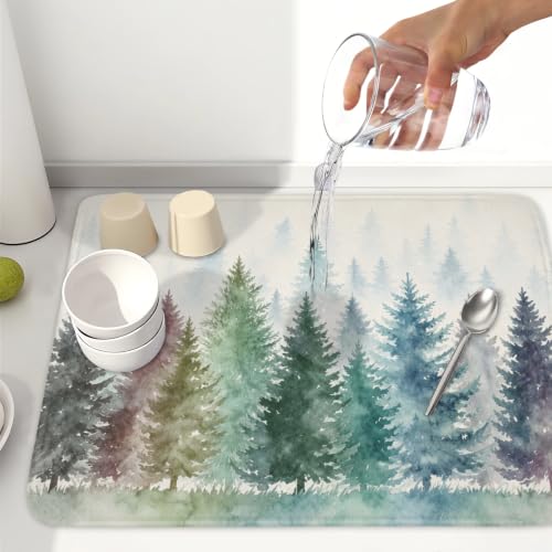 Pine Tree Dish Drying Mat Natural Forest Fog Microfiber Dishes Pad 18x24 Inch Absorbent Fast Dry Dish Drainer Rack Mats for Kitchen Counter (Pine / 18x24 inch)