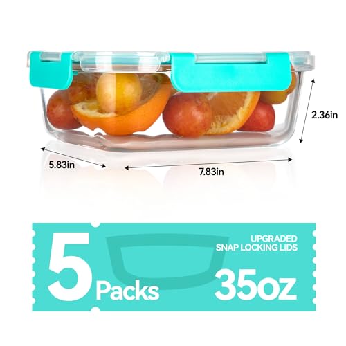 5 Pack 35 Oz Glass Food Storage Containers with Lids (Green / 35oz 1-compartment)