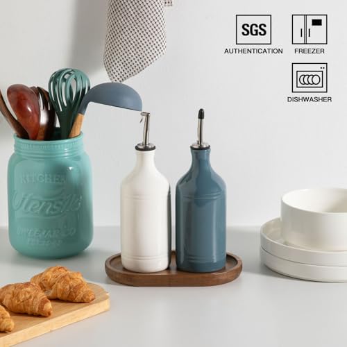Sweejar Ceramic Olive Oil Dispenser Bottle Set (15.5 oz, Set of 2 / WhiteFogblue)