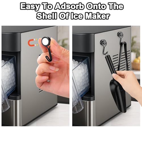 Stainless Steel Ice Scoop for Freezer with Magnetic Hook & Ice Tongs (6oz / Black)
